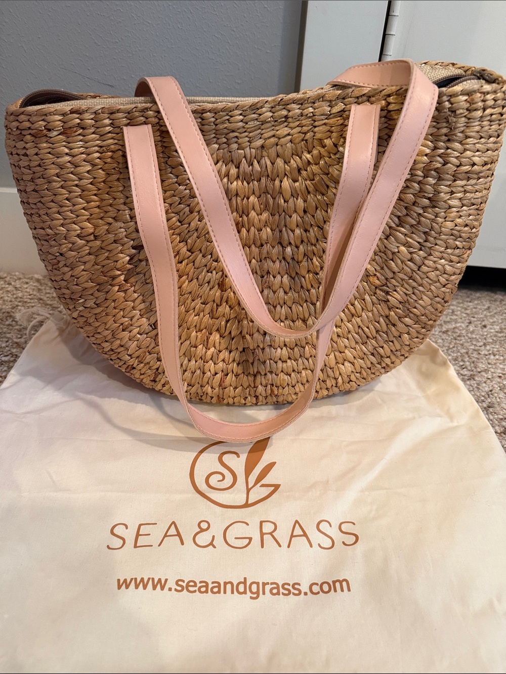 Natural Woven Tote with Pink Leather Straps